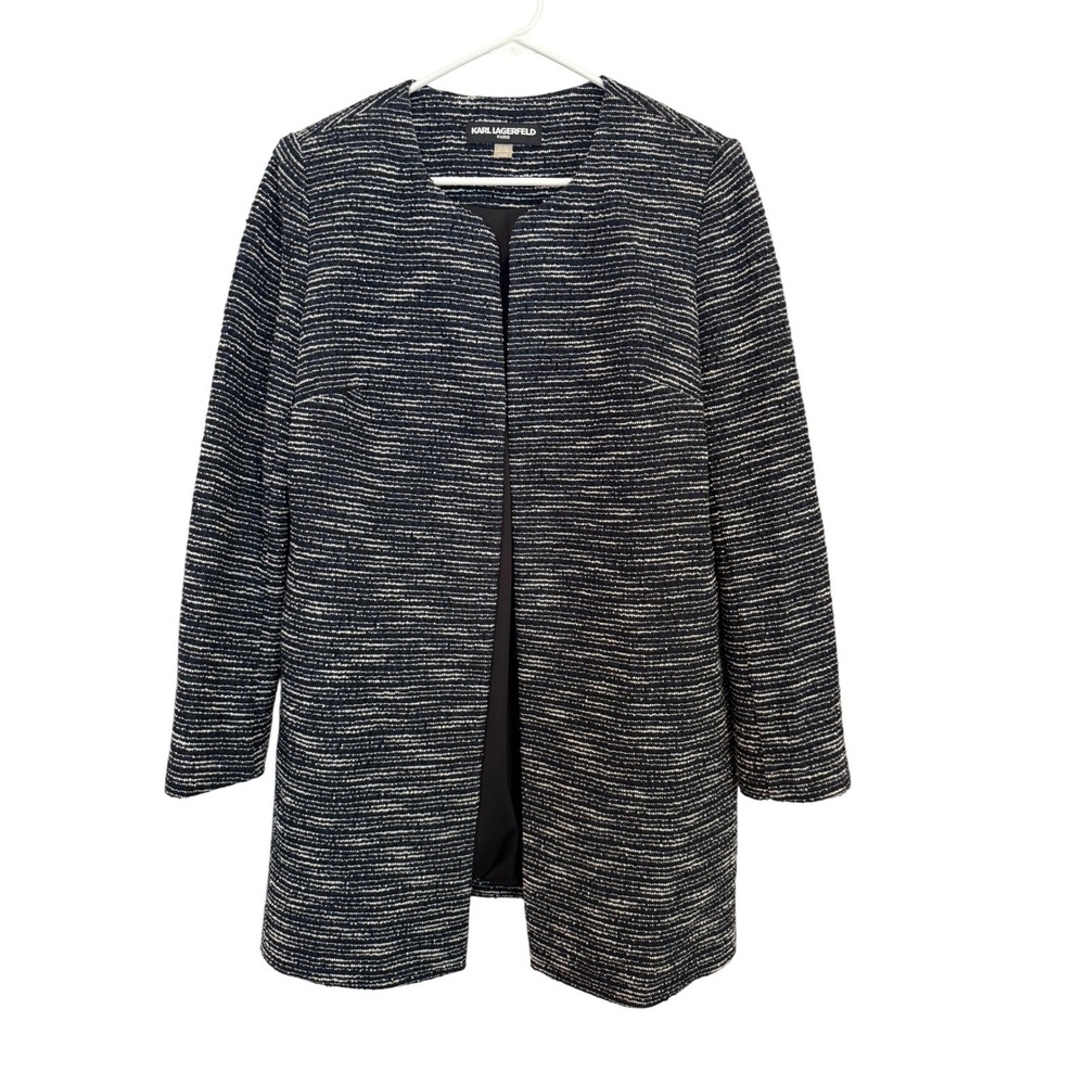 Karl‎ Lagerfeld Paris Black White Tweed Open Front Blazer Jacket Large Elegant